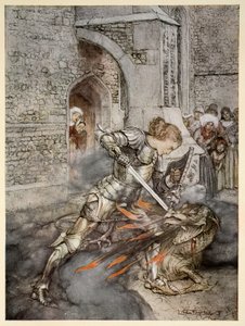 Wie Sir Lancelot mit einem freundlichen Drachen kämpfte, Illustration aus 