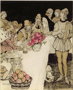 Wie bei einem großen Fest, das König Mark veranstaltete, kam Eliot der Harfner und sang das Lied, das Dinadan gemacht hatte von Arthur Rackham