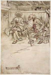 Ich habe sogar selbst mit Rip Van Winkle gesprochen, der, als ich ihn zuletzt sah, ein sehr ehrwürdiger alter Mann war., aus Rip Van Winkle von Washington Irving, veröffentlicht 1910 von Arthur Rackham