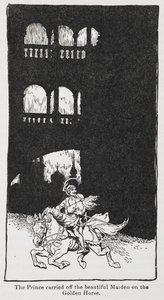 Illustration aus Der goldene Vogel, als der Prinz die Jungfrau auf dem Pferd entführt.