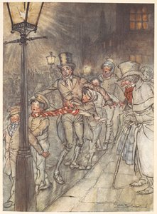 Illustration einer Straßenszene am Heiligabend mit Bob Cratchit und Kindern