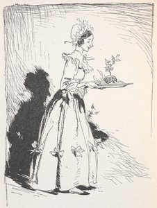 Illustration einer Frau, die einen Weihnachtskuchen trägt von Arthur Rackham