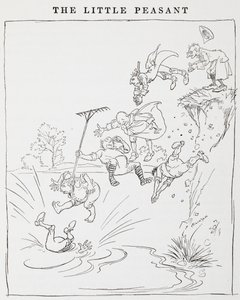 Illustration von Männern, die von einer Klippe in einen Teich springen, aus Die kleinen Bauern