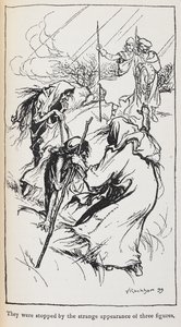 Illustration der drei Hexen, Macbeth und Banquo von Arthur Rackham