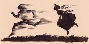 Es war, als ob der Wind vorbeigepfiffen hätte. Illustration von Arthur Rackham aus Grimms Märchen Sechse kommen durch die ganze Welt.