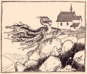 Es dauerte nicht lange, bis der siebenköpfige Drache laut brüllend kam. Illustration von Arthur Rackham aus Grimms Märchen Die zwei Brüder. von Arthur Rackham