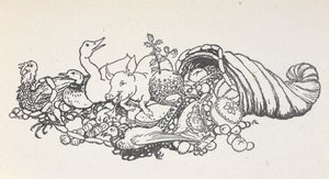 Gegenstände von einem Weihnachtsfest, die aus einem hornförmigen Behälter herausfallen. Dazu gehören ein Weihnachtskuchen, Würstchen, ein Truthahn, ein Schwein, eine Ente, ein Fasan, eine Pastete und Früchte. von Arthur Rackham