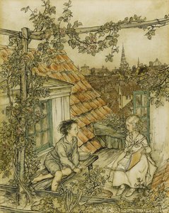 Kay und Gerda in ihrem Garten hoch oben auf dem Dach. Illustration für das Märchen Die Schneekönigin