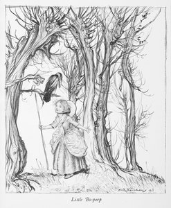 Little Bo-peep im Wald mit einem Vogel