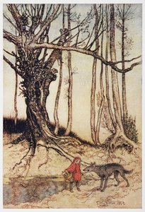 Rotkäppchen und der Wolf im Wald von Arthur Rackham
