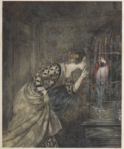 May Colvin und ein Papagei in einem Käfig. von Arthur Rackham