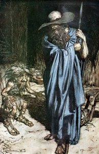 Mime und der Wanderer. Illustration für Siegfried und Die Götterdämmerung von Richard Wagner