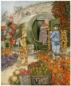 Herr und Frau Vinegar zu Hause, Frontispiz aus Englische Märchen, veröffentlicht 1918 (Farblithographie) von Arthur Rackham