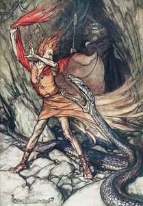 Ohe! Ohe! Schrecklicher Drache, oh, verschlinge mich nicht! Illustration für Das Rheingold und Die Walküre von Arthur Rackham