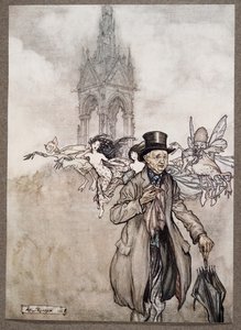 Der alte Herr Salford war ein mürrischer alter Herr, der den ganzen Tag in den Gärten umherwanderte, aus Peter Pan in Kensington Gardens von J M Barrie, veröffentlicht 1906 von Arthur Rackham