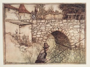 Es war einmal ein armer Bauer namens Krabb, der eine Ladung Holz mit zwei Ochsen in die Stadt zum Verkauf brachte, aus den Märchen der Brüder Grimm, veröffentlicht 1909 von Arthur Rackham