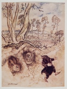 Zwiebelsoße! Zwiebelsoße! bemerkte er spöttisch und war verschwunden, bevor sie eine Antwort finden konnten, aus Wind in den Weiden von Kenneth Grahame (1859 - 1932), veröffentlicht 1940 von Arthur Rackham