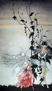 Peaseblossom, Cobweb, Moth, Mustardseed, die Feen, die Titania in Ein Sommernachtstraum von Arthur Rackham begleiteten