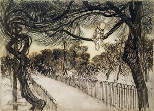 Peter Pan auf einem Ast, Szene aus Peter Pan in Kensington Gardens von J.M Barrie, 1912