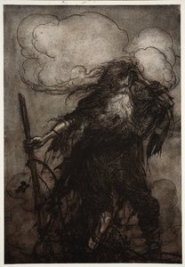 Rip wacht auf. Sicherlich, dachte er, habe ich nicht die ganze Nacht hier geschlafen? Oh! Dieser Krug! Dieser böse Krug! Welche Ausrede soll ich Dame Van Winkle machen? aus Rip Van Winkle von Washington Irving, veröffentlicht 1910 von Arthur Rackham
