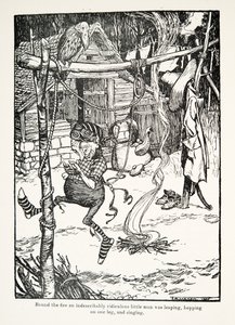Rund um das Feuer sprang ein unbeschreiblich lächerlicher kleiner Mann auf einem Bein und sang, aus den Märchen der Brüder Grimm, veröffentlicht 1909