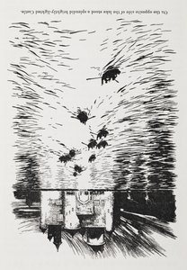 Ruderboote auf einem Fluss, die sich nachts einem Schloss nähern. von Arthur Rackham