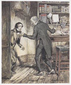 Scrooge schreibt in seinem Büro, als ein anderer Mann eintritt von Arthur Rackham