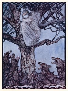 Sie schaute mit wütendem Kummer auf die angespannte und knurrende Horde unten. aus The Wooing of Becfola in Irish Fairy Tales