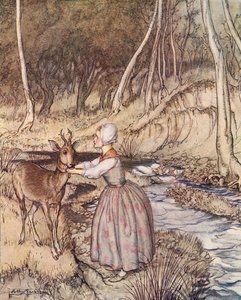 Sie nahm ihr goldenes Strumpfband ab und legte es um den Hals des Rehbocks. Illustration von Arthur Rackham aus Grimms Märchen, Brüderchen und Schwesterchen, veröffentlicht Ende des 19. Jahrhunderts. von Arthur Rackham