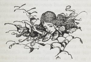 Geschrumpfte Alice nach dem Essen eines Stücks des Pilzes der Raupe