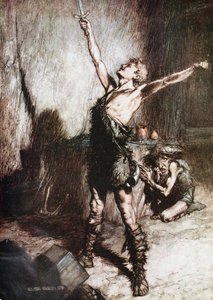 Siegfried schmiedet sein Schwert. Illustration für Siegfried und Die Götterdämmerung von Richard Wagner von Arthur Rackham