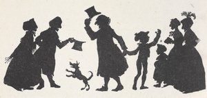 Silhouette eines Jungen und eines Mannes, die Leute auf dem Heimweg von der Kirche begrüßen von Arthur Rackham