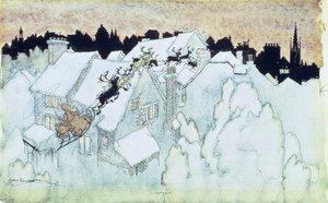 "So flogen die Renntiere hinauf zum Hausdach", Illustration zu "Die Nacht vor Weihnachten" veröffentlicht 1931