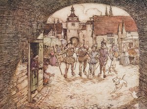 So nahmen die vier Brüder ihre Stöcke in die Hand, verabschiedeten sich von ihrem Vater und verließen das Stadttor, aus Die Märchen der Brüder Grimm, veröffentlicht 1909