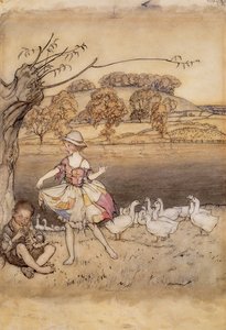 Tattercoats tanzt, während der Gänsehirt pfeift, Illustration aus Englische Märchen, nacherzählt von F.A. Steel, veröffentlicht 1918
