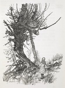 Die Grinsekatze in einem Baum, die auf Alice herabblickt von Arthur Rackham