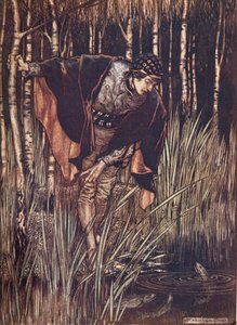 Die Fische streckten vor Freude ihre Köpfe aus dem Wasser und versprachen, ihn zu belohnen, aus Die Märchen der Brüder Grimm, veröffentlicht 1909 von Arthur Rackham