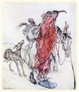 Die Hexe der Mühle war eine knochige, dünne Gestalt mit seltsamen Füßen. aus Mongans Frenzy in Irish Fairy Tales von Arthur Rackham