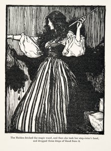 Das Mädchen holte den Zauberstab und ließ dann drei Tropfen Blut aus dem Kopf ihrer Stiefschwester fallen, aus Die Märchen der Brüder Grimm, veröffentlicht 1909