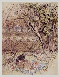 Der Maulwurf bat als Gefallen, alles selbst auspacken zu dürfen, aus Wind in den Weiden von Kenneth Grahame (1859 - 1932), veröffentlicht 1940 von Arthur Rackham