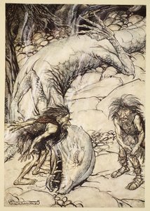 Die Zwerge streiten sich über den Körper von Fafner, Illustration aus 