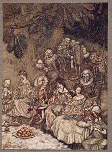 Die Feen sitzen auf Pilzen und sind anfangs gut erzogen, aus Peter Pan in Kensington Gardens von J. M. Barrie (1860 - 1937), veröffentlicht 1906 von Arthur Rackham