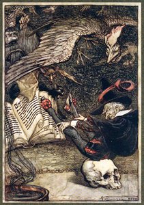 Der kleine Mann hatte sich in der Mitte des Kreises auf den großen Schädel gesetzt von Arthur Rackham