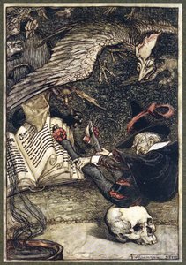 Der kleine Mann hatte sich in der Mitte des Kreises auf den großen Schädel gesetzt, aus Die Ingoldsby-Legenden, 1907 von Arthur Rackham