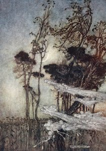 Der Mond, wie ein silberner Bogen neu gebogen im Himmel, Illustration aus 