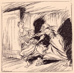 Die alte Frau packte sie am Kleid und versuchte, sie festzuhalten. Illustration von Arthur Rackham aus Grimms Märchen, Der verzauberte Baum. von Arthur Rackham