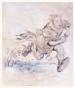 Das Stampfen seiner großen Stiefel wurde so kontinuierlich wie das Prasseln von Hagelkörnern auf einem Dach, und der Wind seines Vorbeigehens riss Bäume um. aus The Carl of the Drab Coat in Irish Fairy Tales von Arthur Rackham