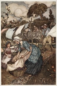 Die Frauen des Dorfes beschäftigten ihn, um solche kleinen Arbeiten zu erledigen, die ihre weniger gefälligen Ehemänner nicht für sie tun würden., aus Rip Van Winkle von Washington Irving, veröffentlicht 1910 von Arthur Rackham
