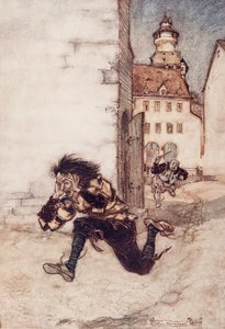 Dann rannte er ihm nach, immer noch das Schnitzmesser haltend, und rief: Nur eins, nur eins! aus Die Märchen der Brüder Grimm, veröffentlicht 1909