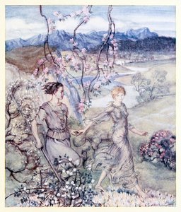 Dann gingen sie [Iollan und Tuiren] Hand in Hand in das Land, das nach Apfelblüten und Honig riecht. aus The Birth of Bran in Irish Fairy Tales von Arthur Rackham